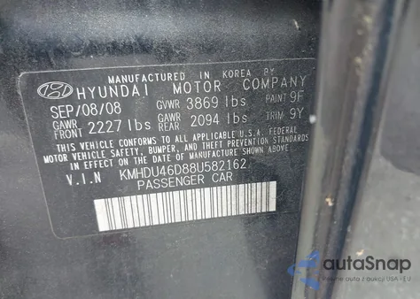 2008 Hyundai Elantra Gls/Se from USA, damaged, VIN KMHDU46D88U582162